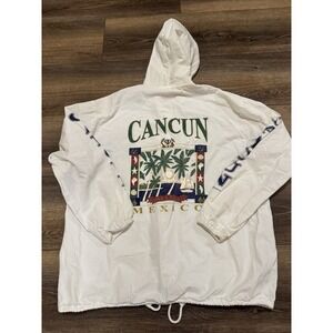 Vintage 80s Men's XL Cancun Mexico Full Zip Lightweight Jacket White Hooded Back